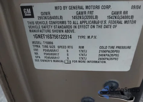 2005 Chevrolet Trailblazer Ext Ls из США, поврежденный, VIN 1GNET16S756122314